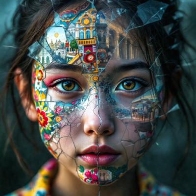The primary subject of the image is a young girl with a unique and artistic appearance. She has a face painted with a combination of flowers and buildings, giving her a creative and visually striking look. The setting is a dark room, which adds to the dramatic and mysterious atmosphere of the scene. The visual style of the image is a mix of digital art and illustration, as the girl's face is painted with a combination of patterns and textures. The colors and mood of the image are predominantly dark and